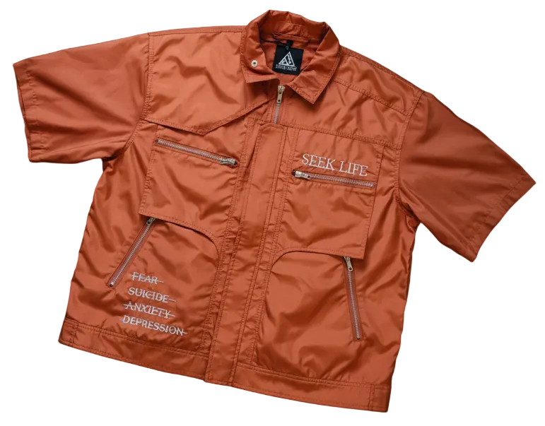 Orange jacket with text on a black background